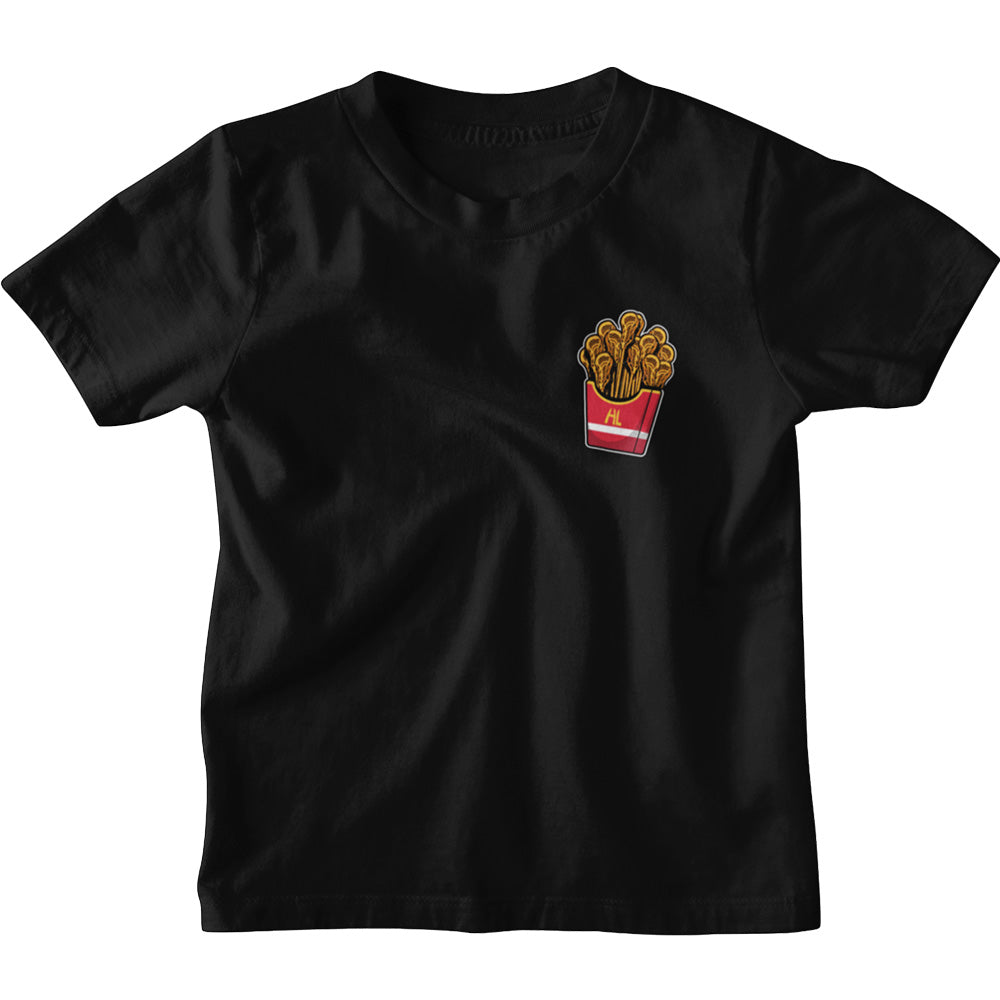 Hobo Lax Always Salty youth lacrosse t-shirt in black color featuring lacrosse stick fries graphic