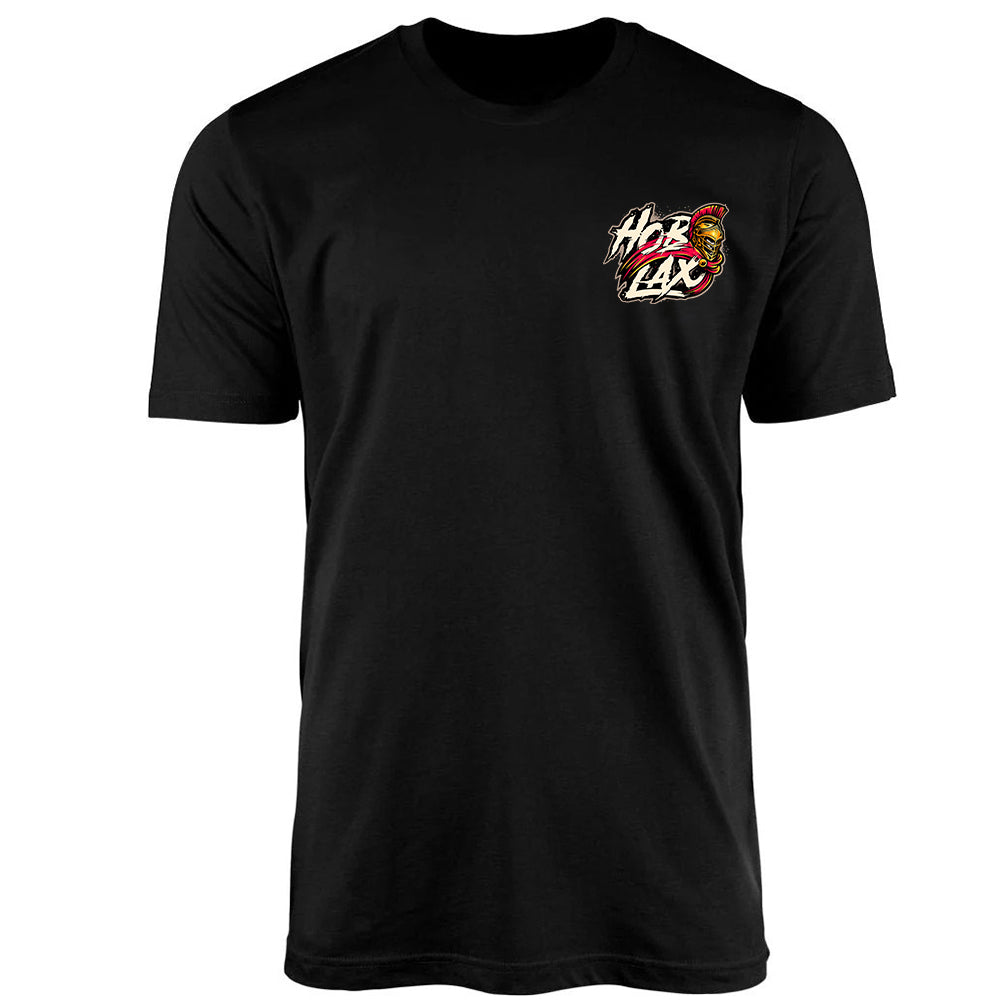 Death Before Dishonor lacrosse t-shirt with warrior in armor holding lacrosse stick design on sand colored tee from Hobo Lax