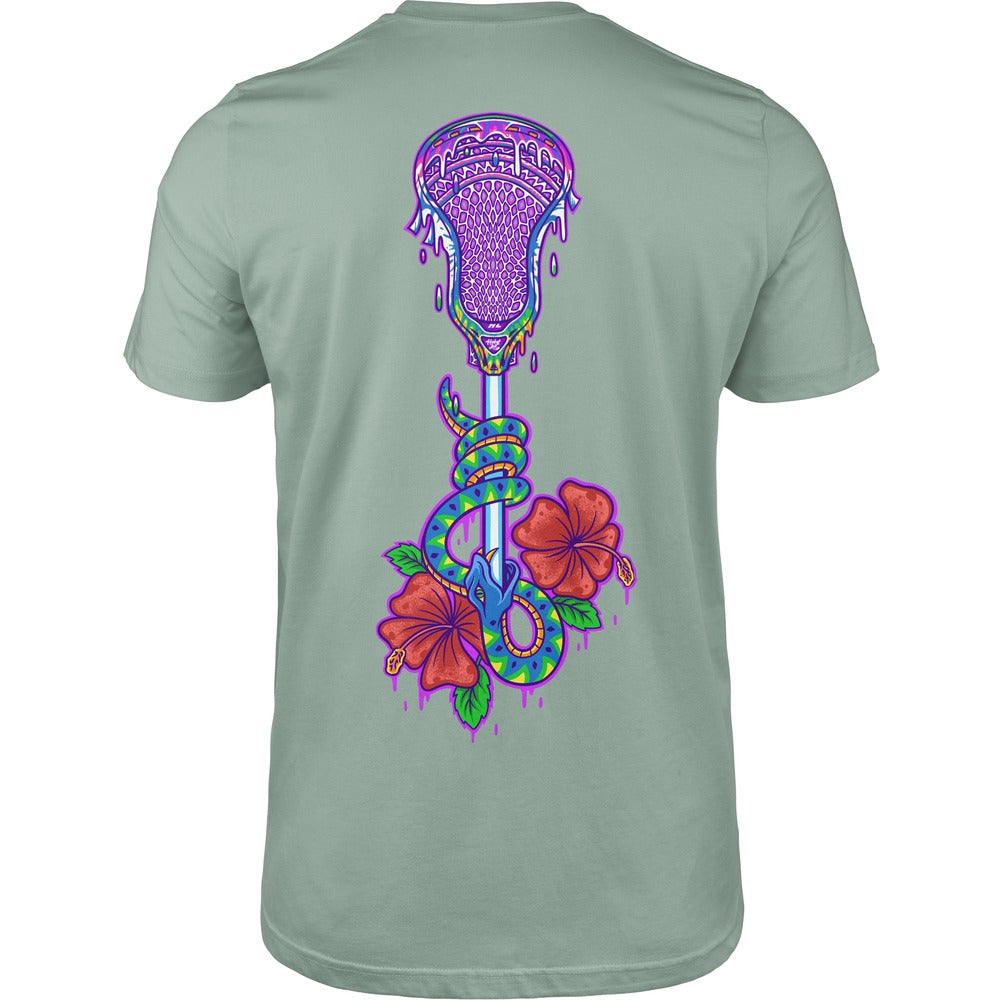 Lax Snake Tee in seafoam, back view, lacrosse stick with snake coiled around it and red hibiscus flowers
