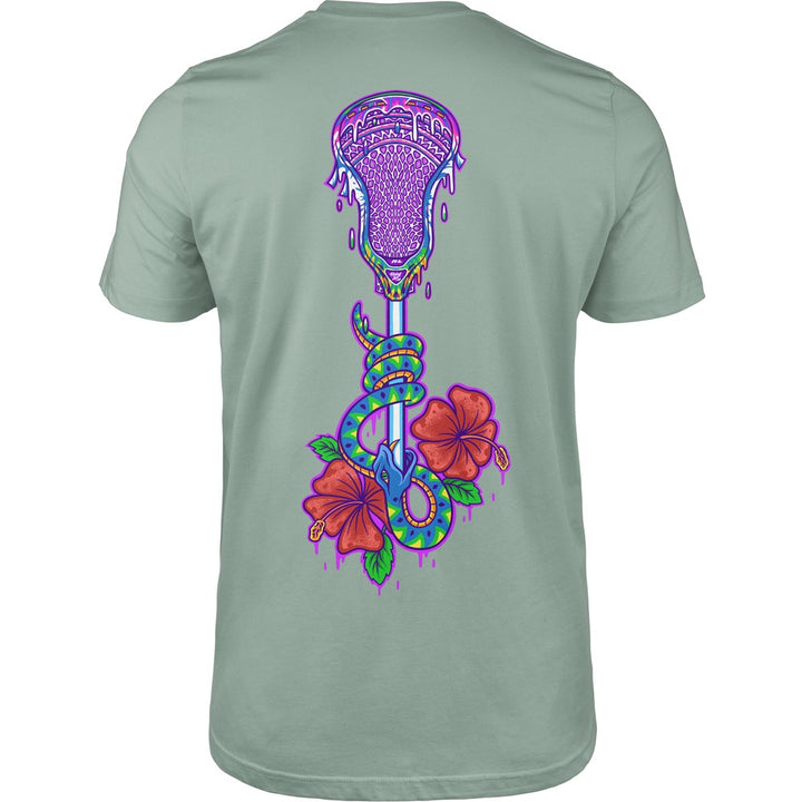 Lax Snake Tee in seafoam, back view, lacrosse stick with snake coiled around it and red hibiscus flowers