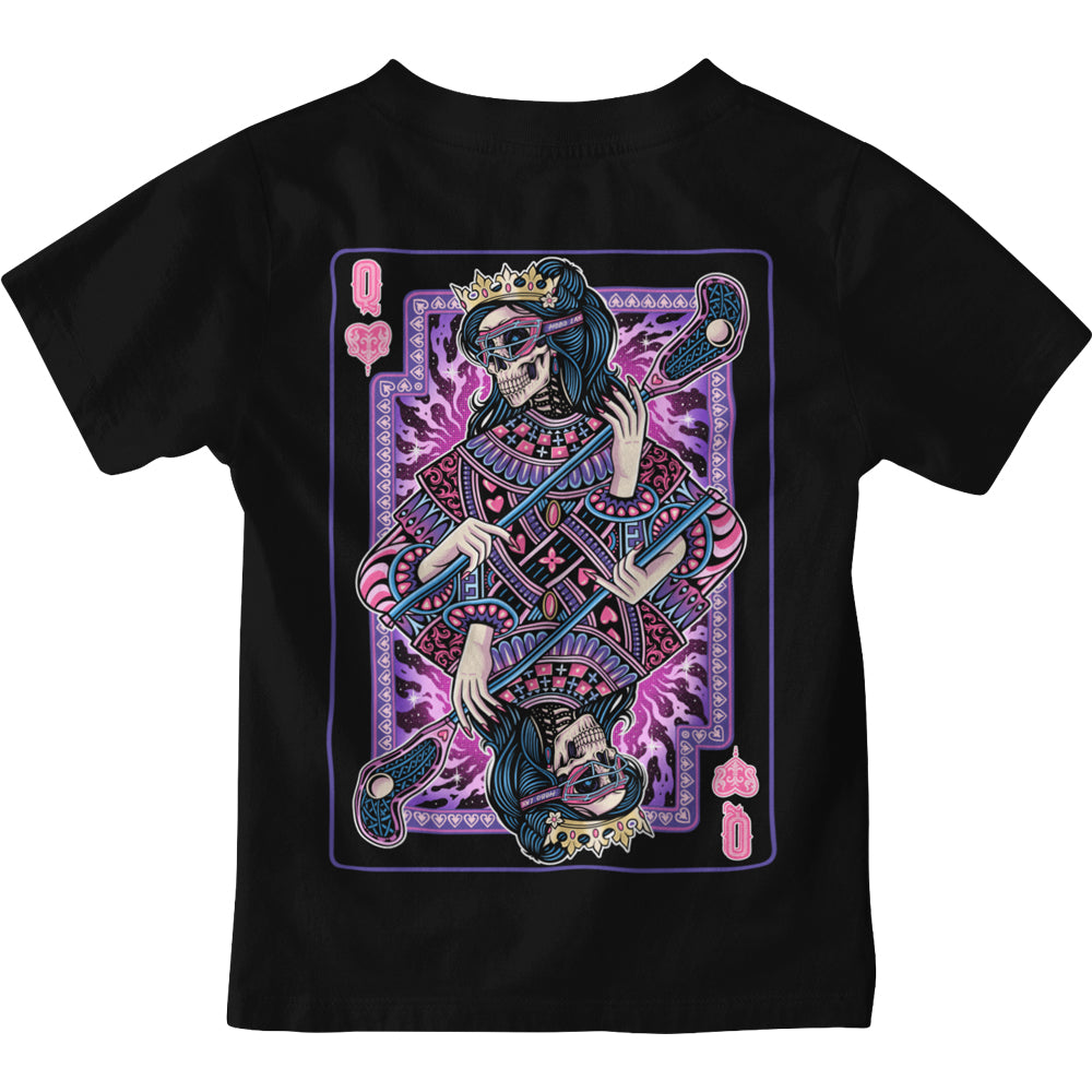 Black t-shirt with a colorful skeleton lacrosse design for girls