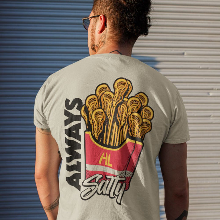 Hobo Lax Always Salty lacrosse t-shirt in sand color featuring lacrosse sticks designed as French fries graphic