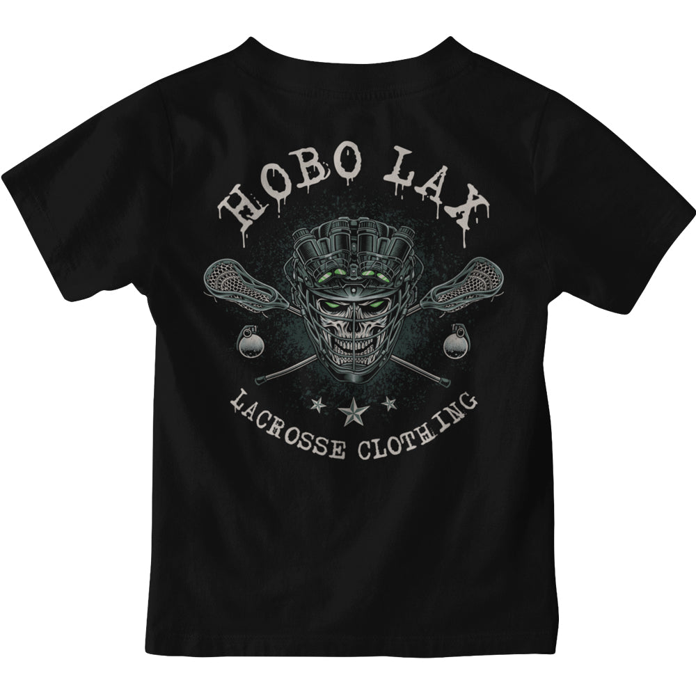 Youth Tactical Clear lacrosse tee in black, back print: Hobo Lax skull in a lacrosse helmet with night-vision goggles and green eyes over crossed lacrosse sticks and Lacrosse Clothing