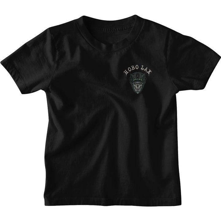 Youth Tactical Clear lacrosse tee in black, front view with the small Hobo Lax night-vision skull logo on the left chest