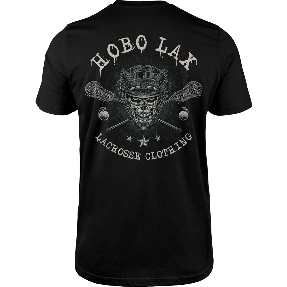 Tactical Clear lacrosse tee in black, back print: Hobo Lax skull in a lacrosse helmet with night-vision goggles and green eyes over crossed lacrosse sticks, grenades, stars and Lacrosse Clothing