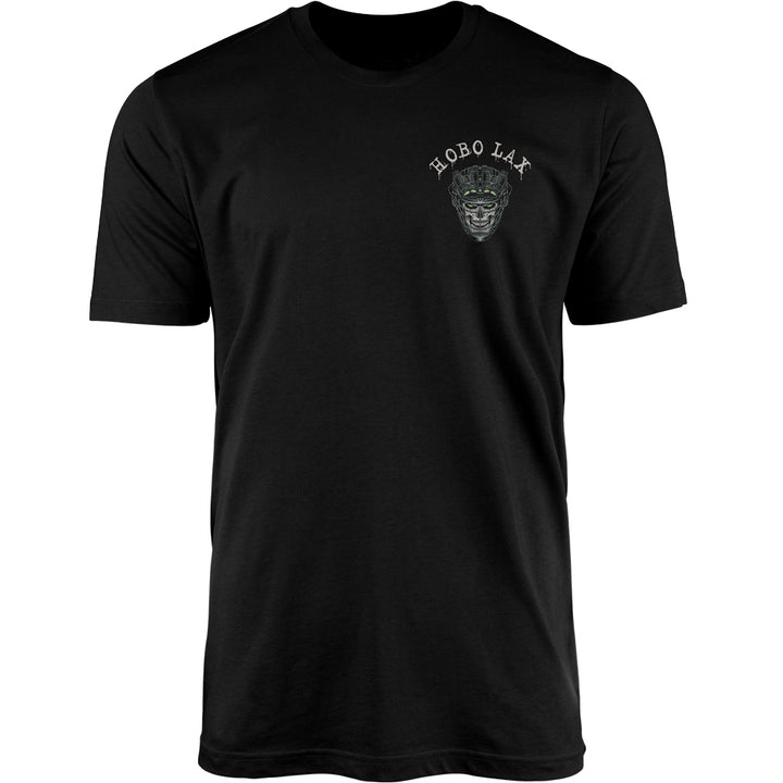Tactical Clear lacrosse tee in black, front view with the small Hobo Lax night-vision skull logo on the left chest