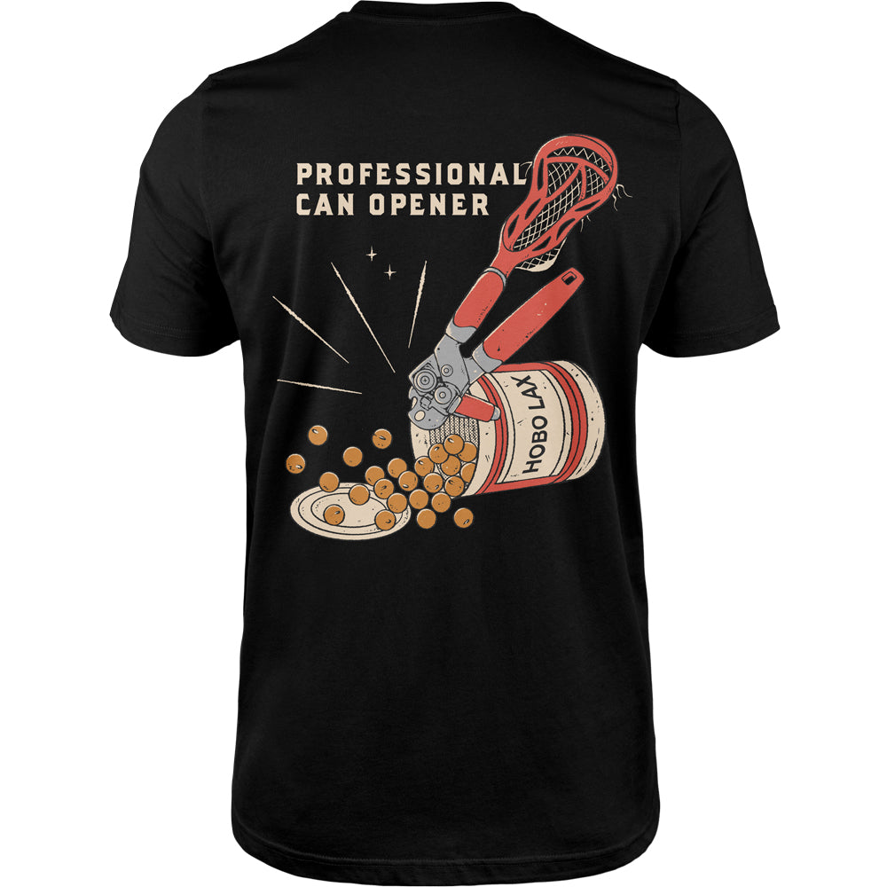 Black lacrosse t-shirt with a graphic of a can opener and a can, labeled &