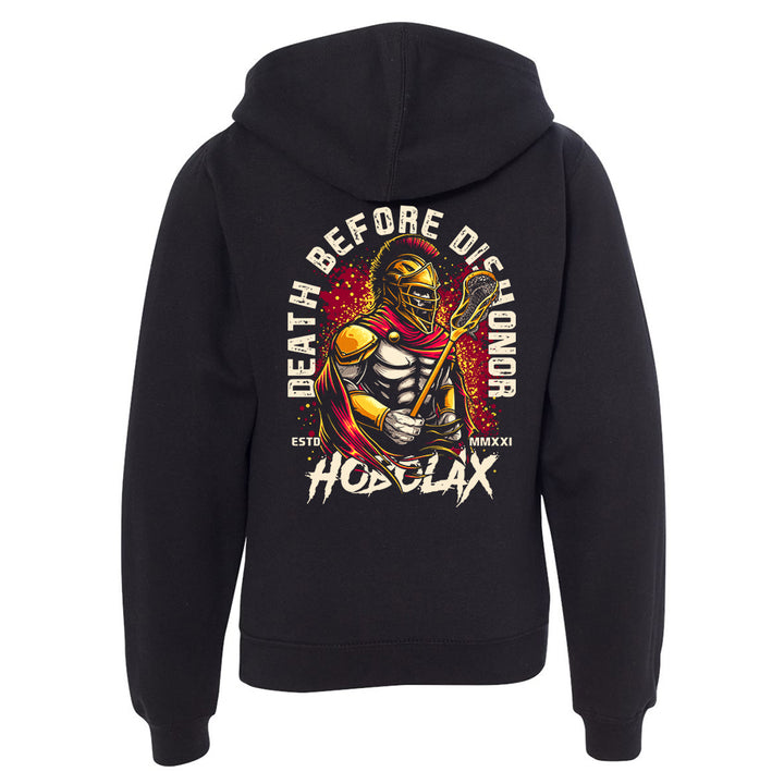 Death Before Dishonor youth black lacrosse hoodie with warrior in armor holding lacrosse stick design with gold and crimson accents from Hobo Lax