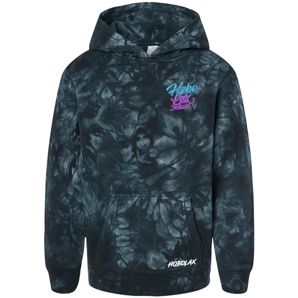 Tie-dye lacrosse hoodie with 'Hobolax' branding on a white background