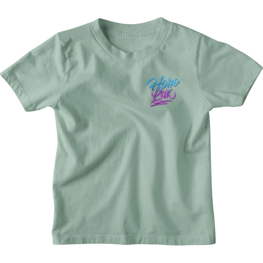 Youth Lax Snake Tee in seafoam, front view, blue and pink Hobo Lax script logo on the left chest