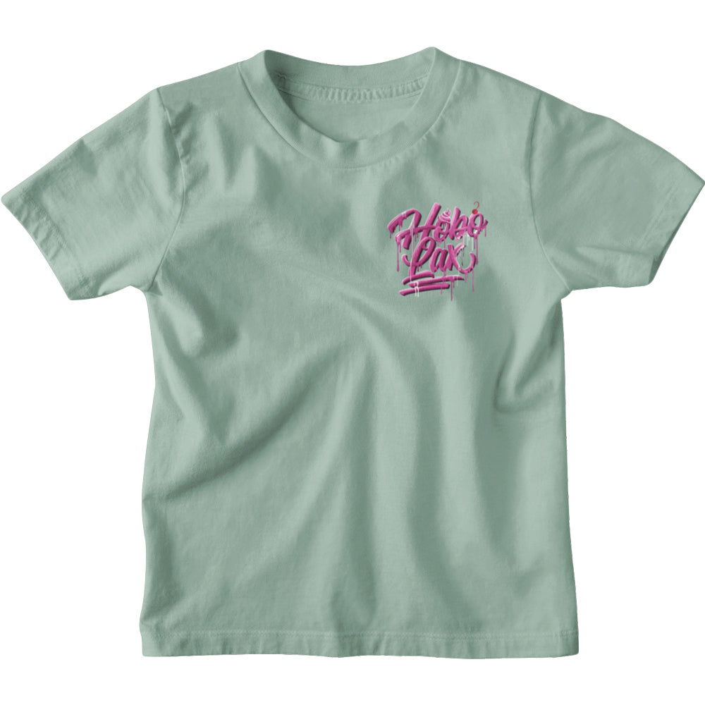 Youth Sideline Scoop Tee in seafoam, front view, pink Hobo Lax script logo on the left chest
